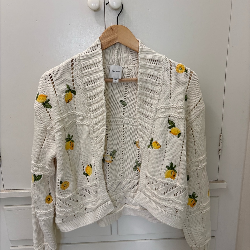 Maeve Cream Open-Front Cardigan with Embroidered Yellow Lemons